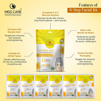 Miss Care Professional Glycolic Acid Facial Kit 90g, 6-Step Skincare Set, Suitable For All Types of Skin, For Women & Men