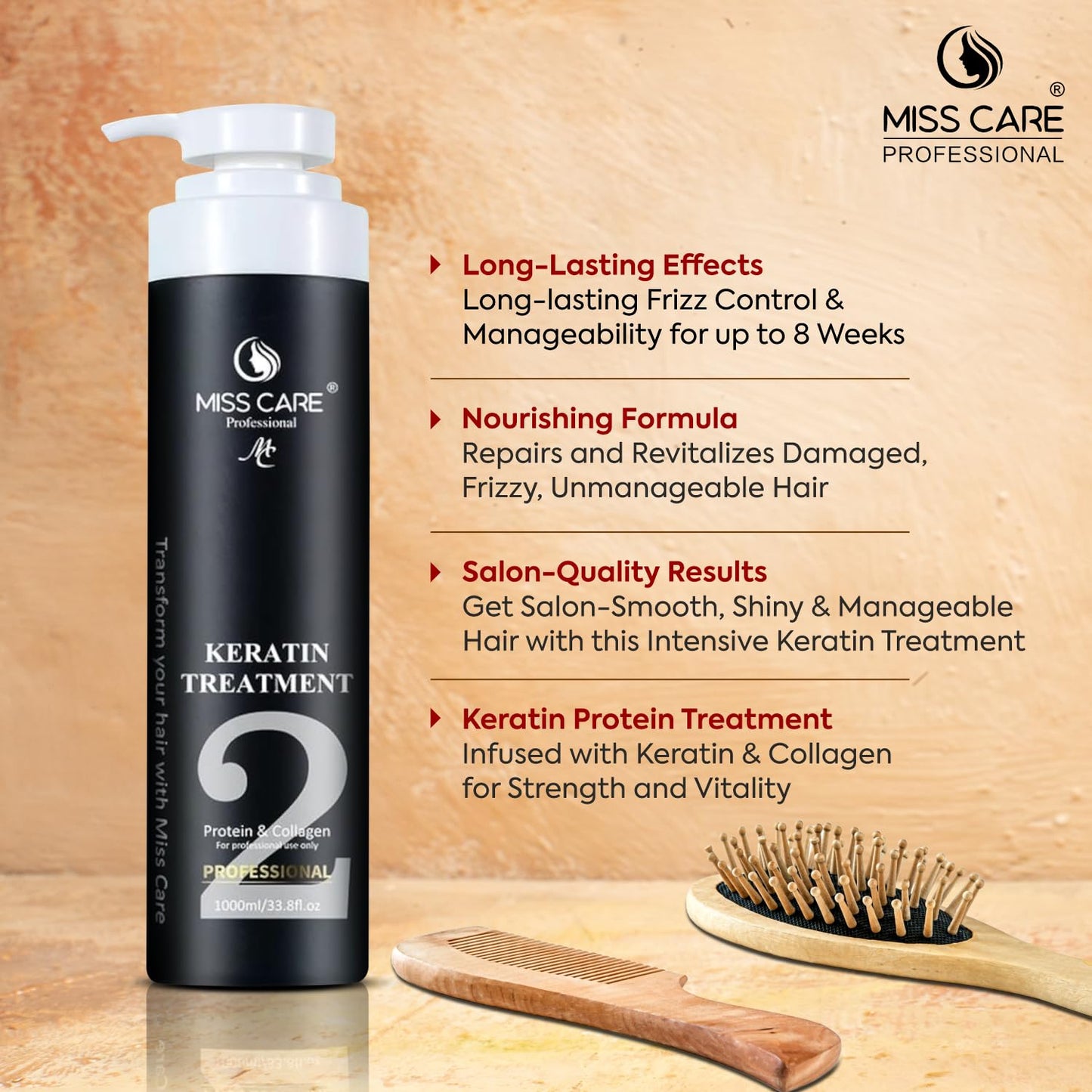 Miss Care Keratin Hair Treatment, Enriched with Protein and Collagen, for Professional Smooth, Manageable Hair, Frizz-Free Shiny Hair (1000 ml)