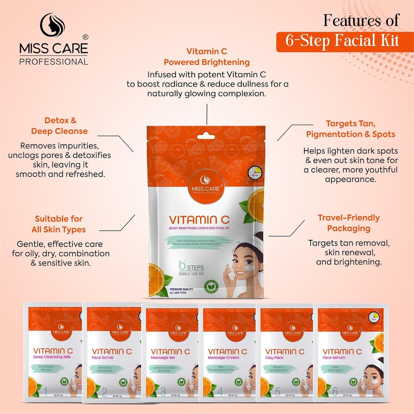 Miss Care Professional Vitamin C Facial Kit 90g, 6-Step Skincare Set, Suitable For All Types of Skin, For Women & Men