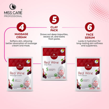 Miss Care Professional Red Wine Facial Kit 90g, 6-Step Skincare Set, Suitable For All Types of Skin, For Women & Men