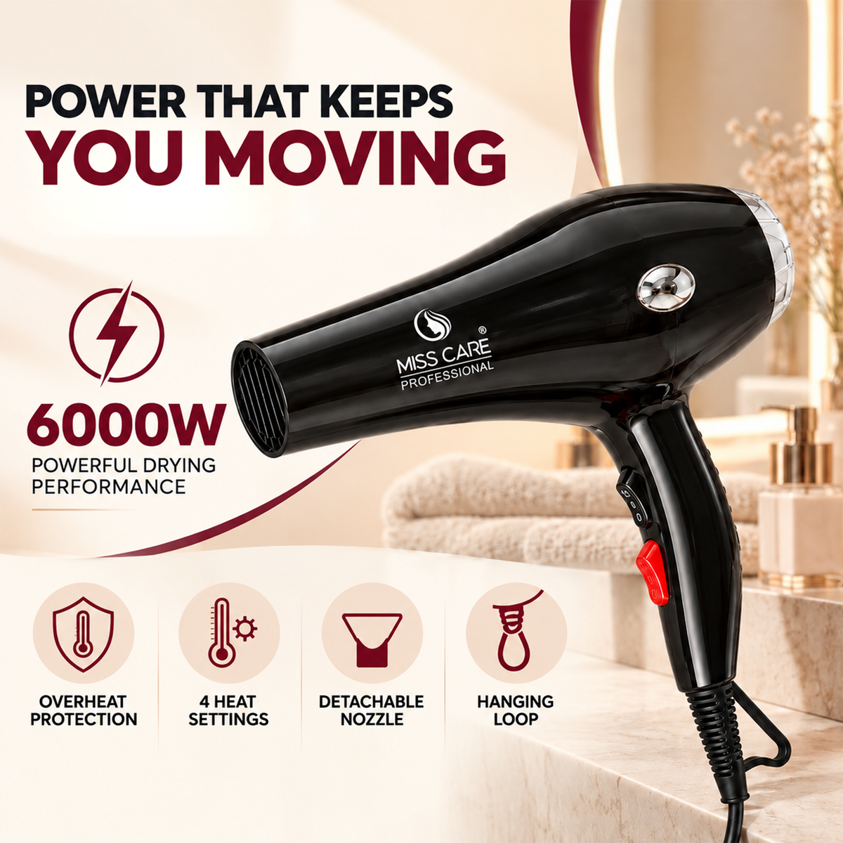 Miss Care Professional 5-in-1 Hair Dryer 6000 Watts with Styling Attachments — gallery image 2