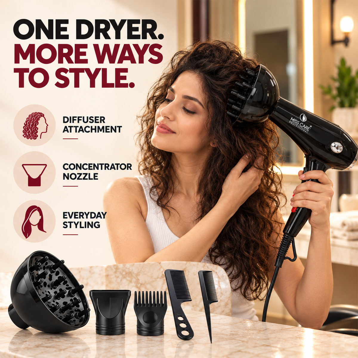 Miss Care Professional 5-in-1 Hair Dryer 6000 Watts with Styling Attachments — gallery image 3