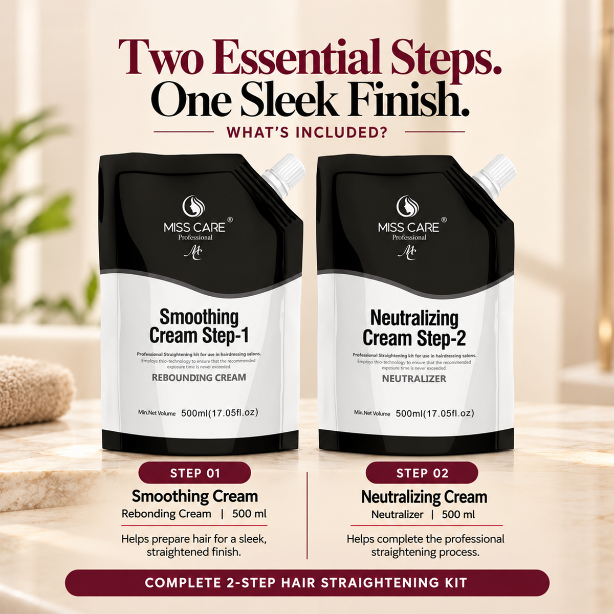 Miss Care Professional Smoothing Cream Step-1, 500ml, With Step-2, 500ml, Neutralizer, Rebounding Cream for Hair Straightening - Image 3