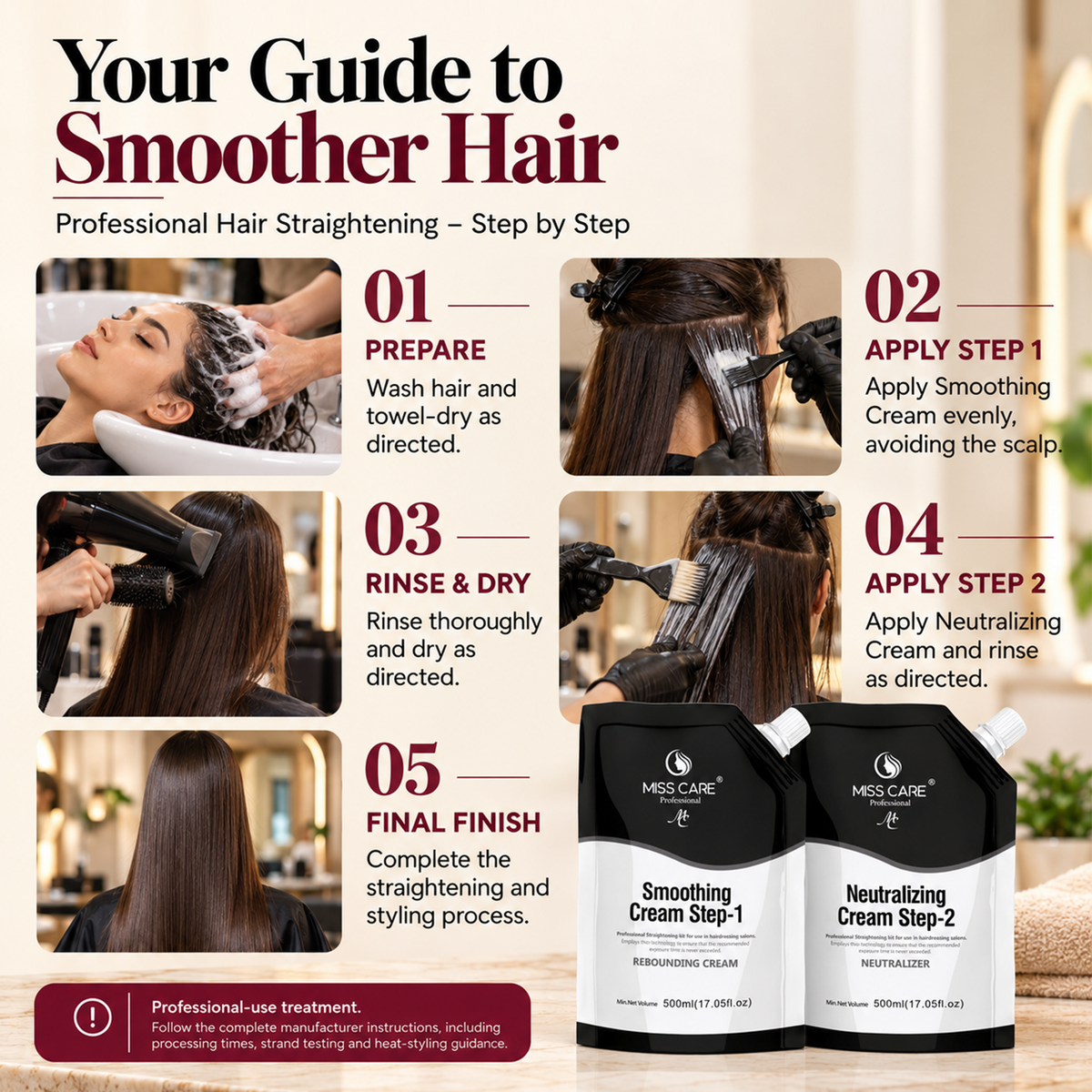Miss Care Professional Smoothing Cream Step-1, 500ml, With Step-2, 500ml, Neutralizer, Rebounding Cream for Hair Straightening - Image 4