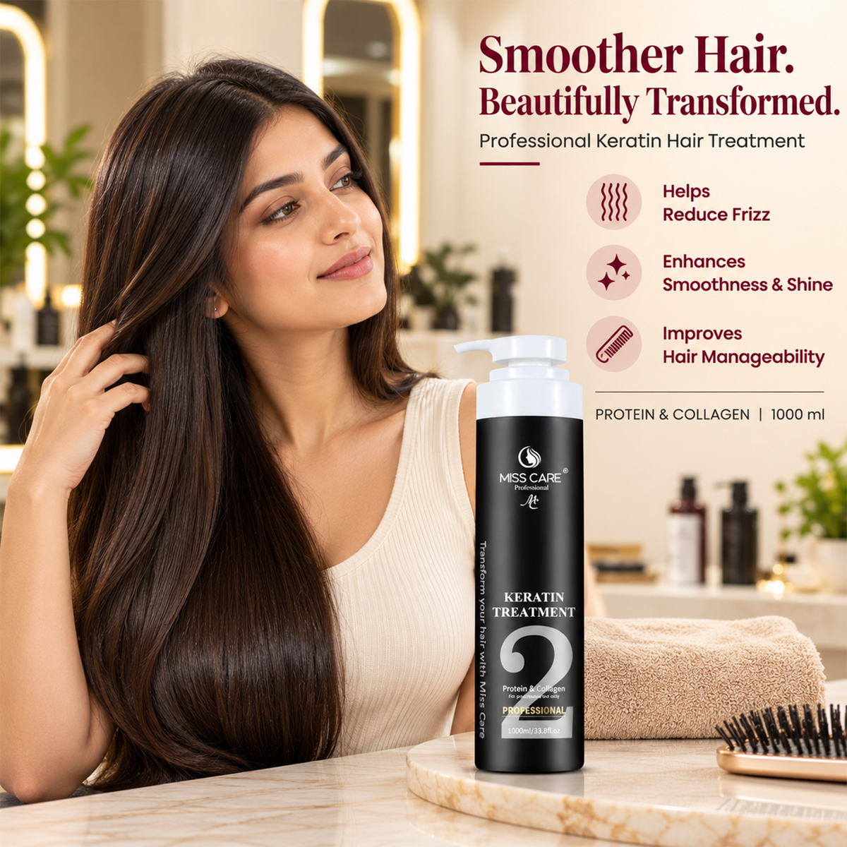 Miss Care Keratin Hair Treatment, Enriched with Protein and Collagen, for Professional Smooth, Manageable Hair, Frizz-Free Shiny Hair (1000 ml) - Image 2