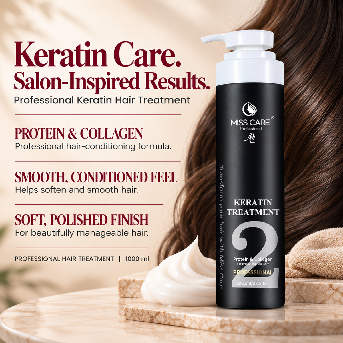 Miss Care Keratin Hair Treatment, Enriched with Protein and Collagen, for Professional Smooth, Manageable Hair, Frizz-Free Shiny Hair (1000 ml) - Image 3