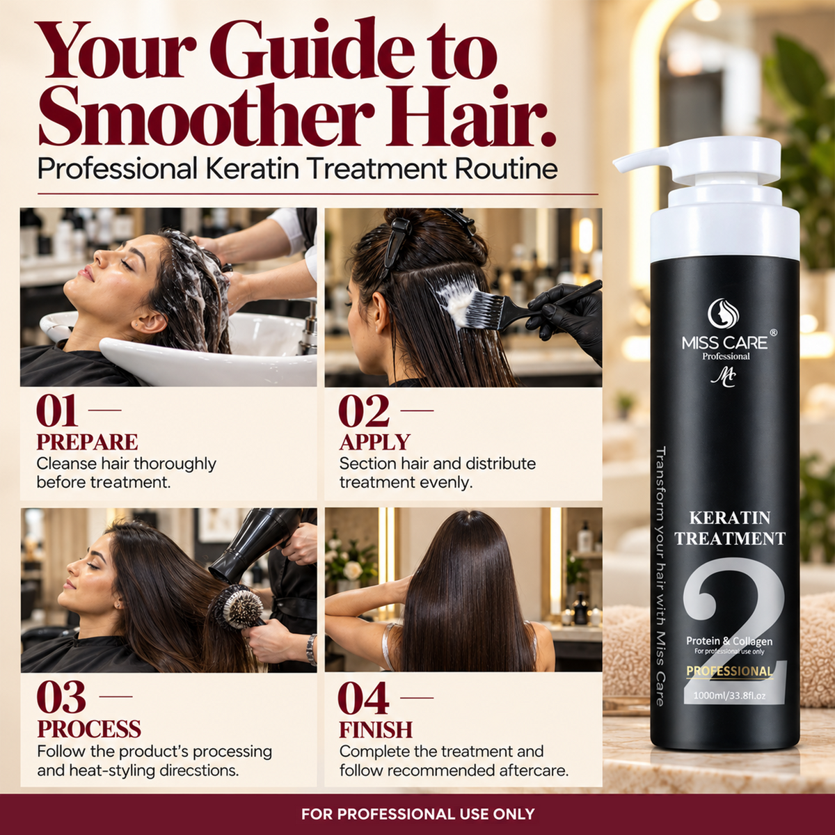Miss Care Keratin Hair Treatment, Enriched with Protein and Collagen, for Professional Smooth, Manageable Hair, Frizz-Free Shiny Hair (1000 ml) - Image 4