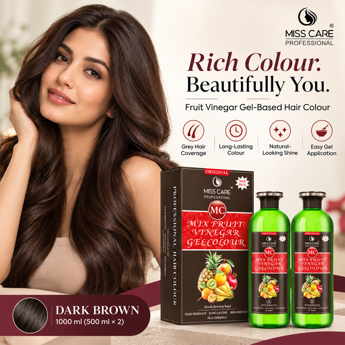 Miss Care Original MC Mix Fruit Vinegar Gel Colour (Dark Brown Hair) - 1000 ml, Ammonia Free Hair Dye for Men and Women, Smooth Application - Image 2