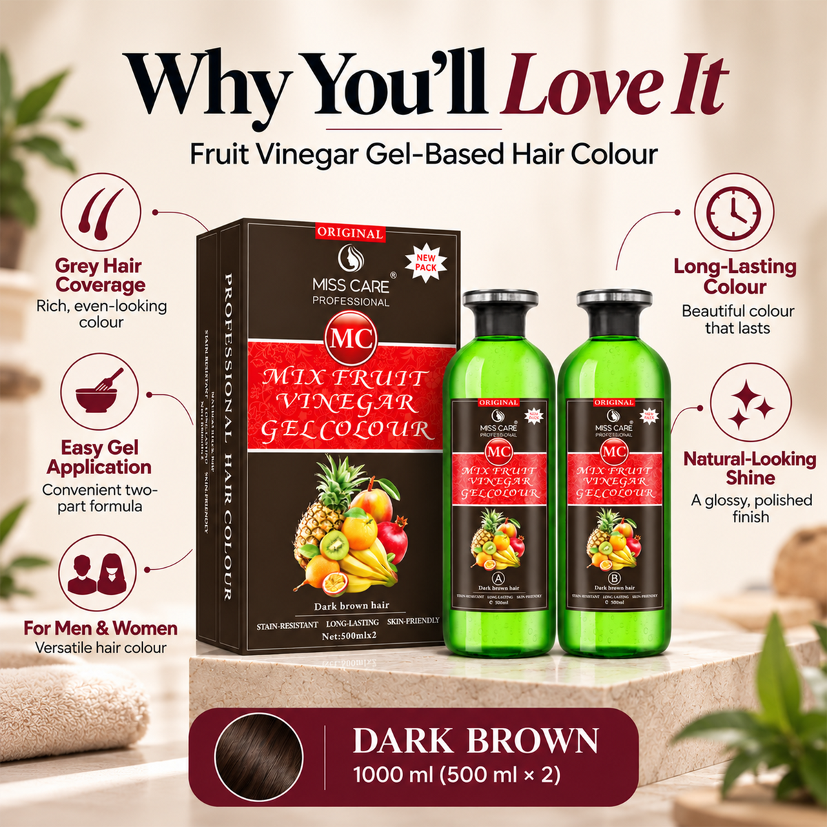 Miss Care Original MC Mix Fruit Vinegar Gel Colour (Dark Brown Hair) - 1000 ml, Ammonia Free Hair Dye for Men and Women, Smooth Application - Image 3