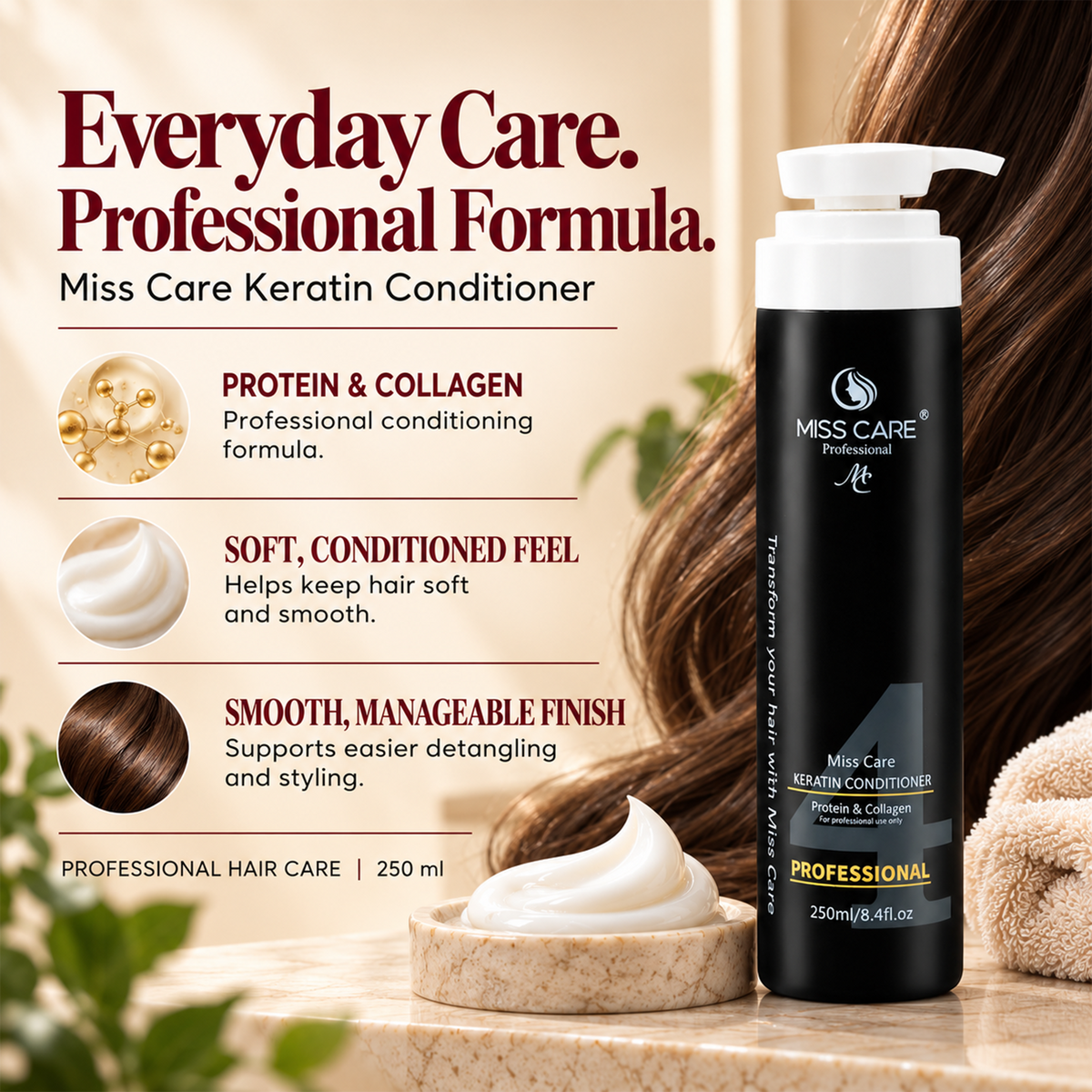 Miss Care Professional Keratin Conditioner for Hair, Protein & Collagen Infused Hair Smoothing Conditioner (250ml) - Image 3