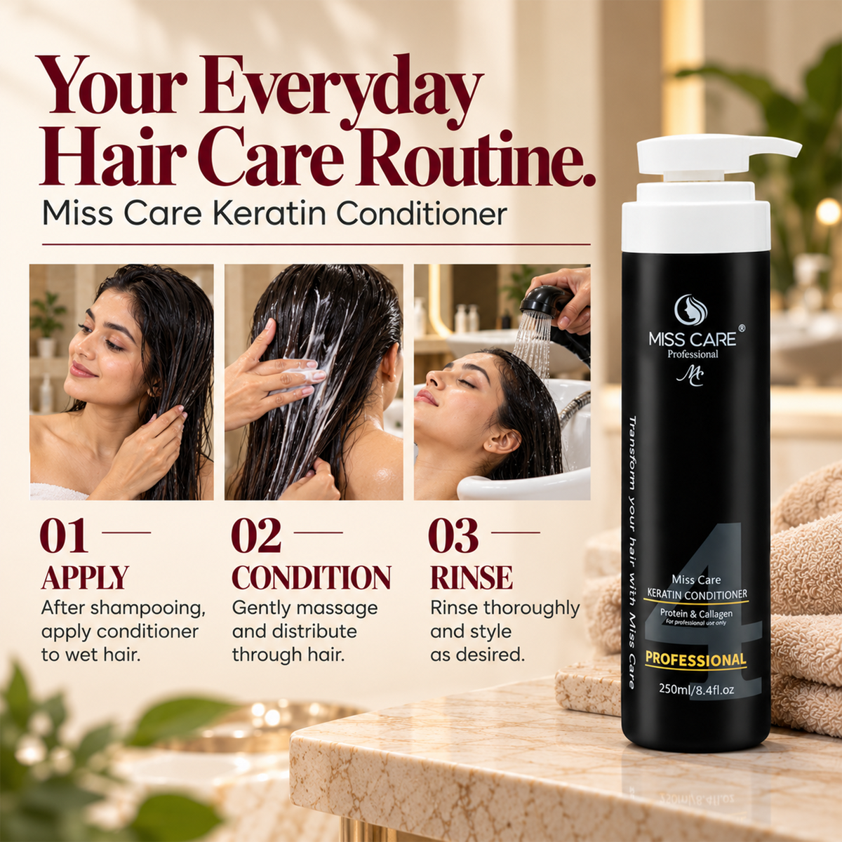 Miss Care Professional Keratin Conditioner for Hair, Protein & Collagen Infused Hair Smoothing Conditioner (250ml) - Image 4