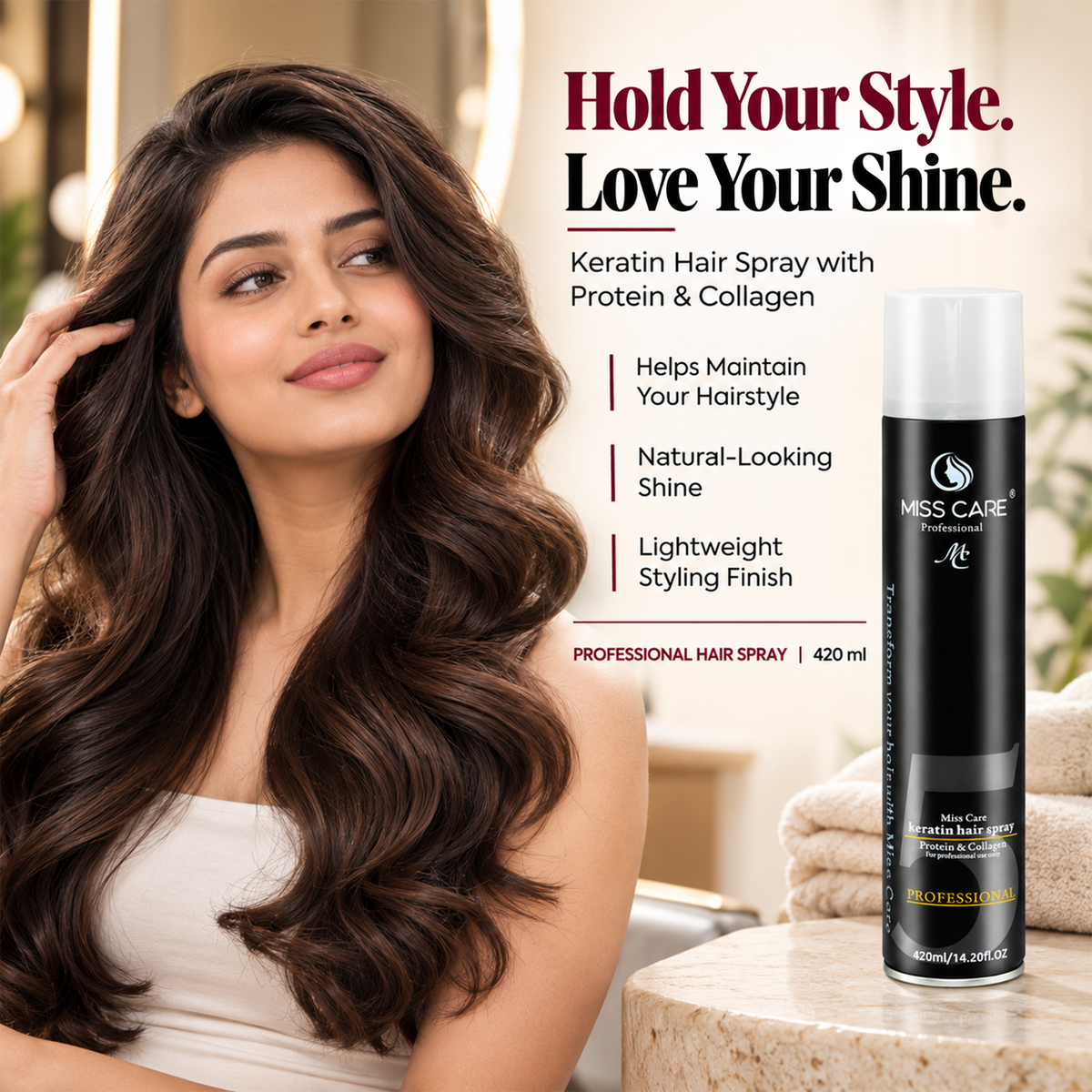Miss Care Professional Keratin Hair Spray (420ml), Protein & Collagen Blend, Long-Lasting Styling and Sleek Appearance - Image 2