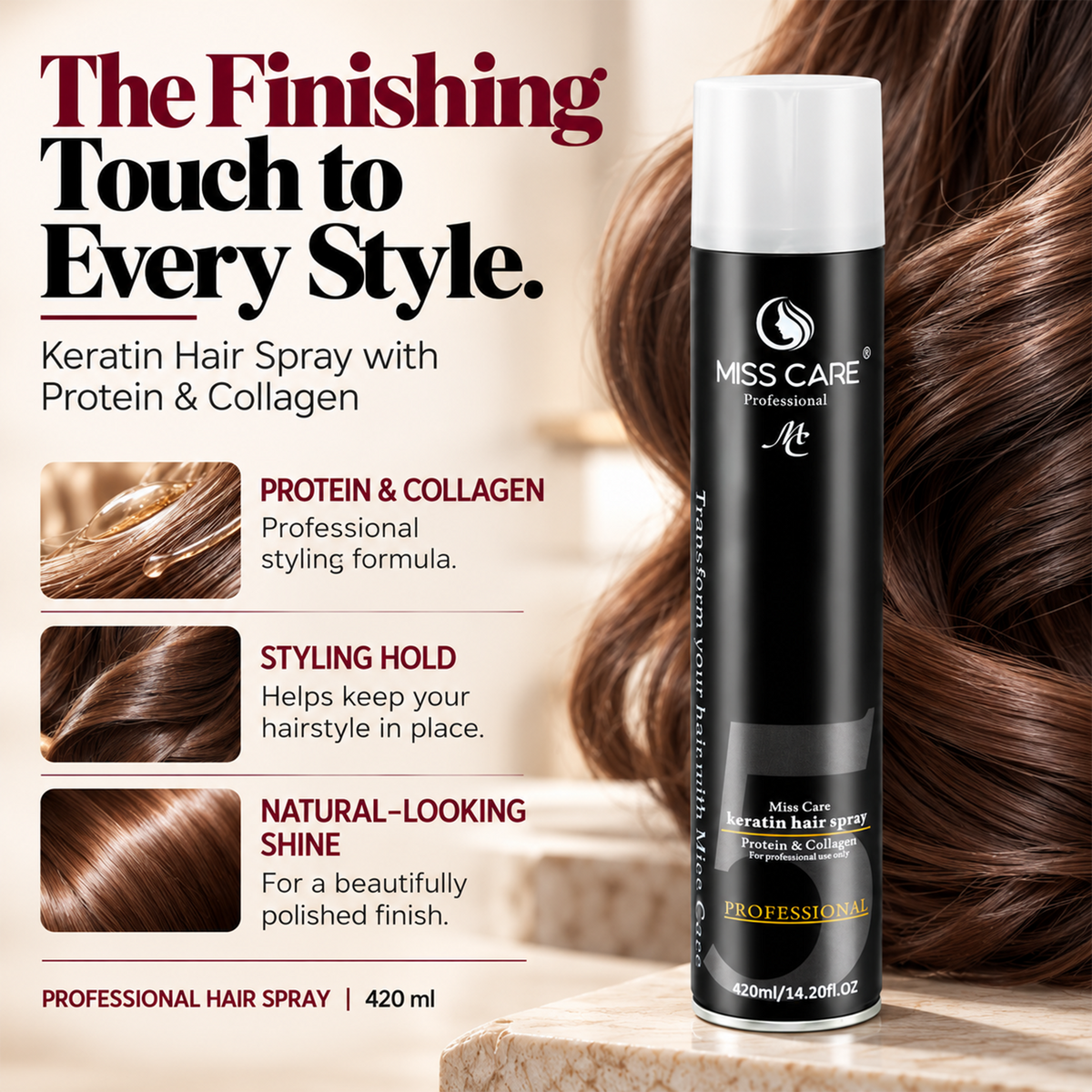 Miss Care Professional Keratin Hair Spray (420ml), Protein & Collagen Blend, Long-Lasting Styling and Sleek Appearance - Image 3