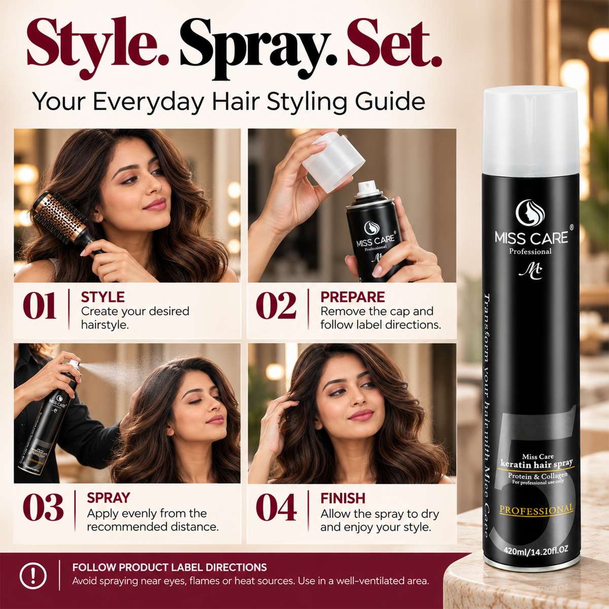 Miss Care Professional Keratin Hair Spray (420ml), Protein & Collagen Blend, Long-Lasting Styling and Sleek Appearance - Image 4