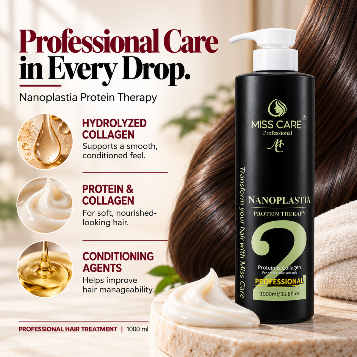 Miss Care Professional Nanoplastia Protein Therapy for Hair 1000ml, Infused with Protein and Collagen, for Smoother and Shinier Hair - Image 3