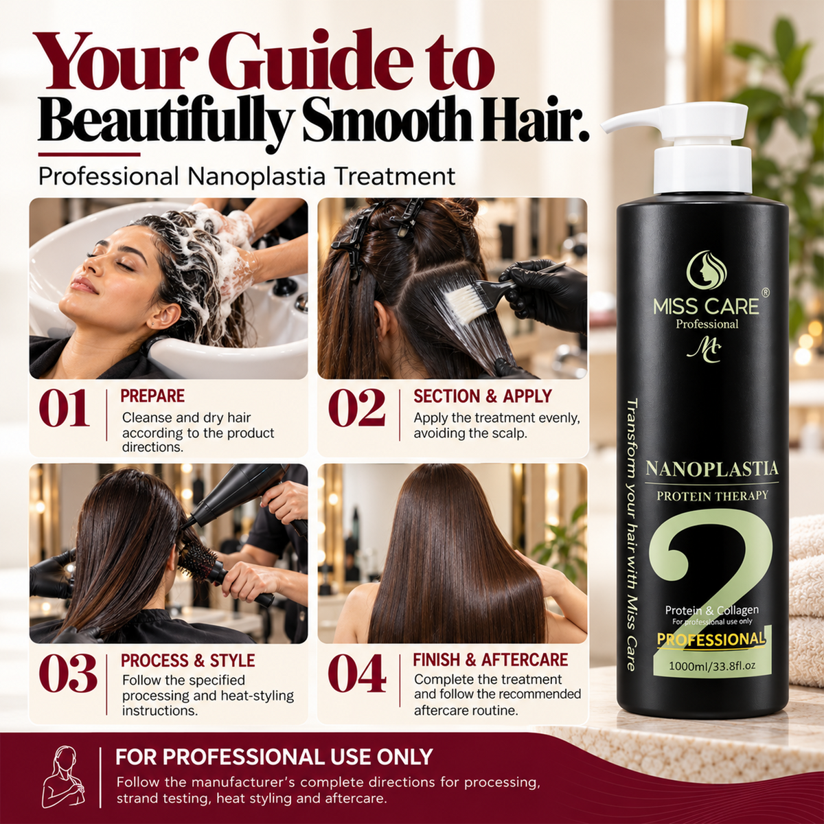 Miss Care Professional Nanoplastia Protein Therapy for Hair 1000ml, Infused with Protein and Collagen, for Smoother and Shinier Hair - Image 4