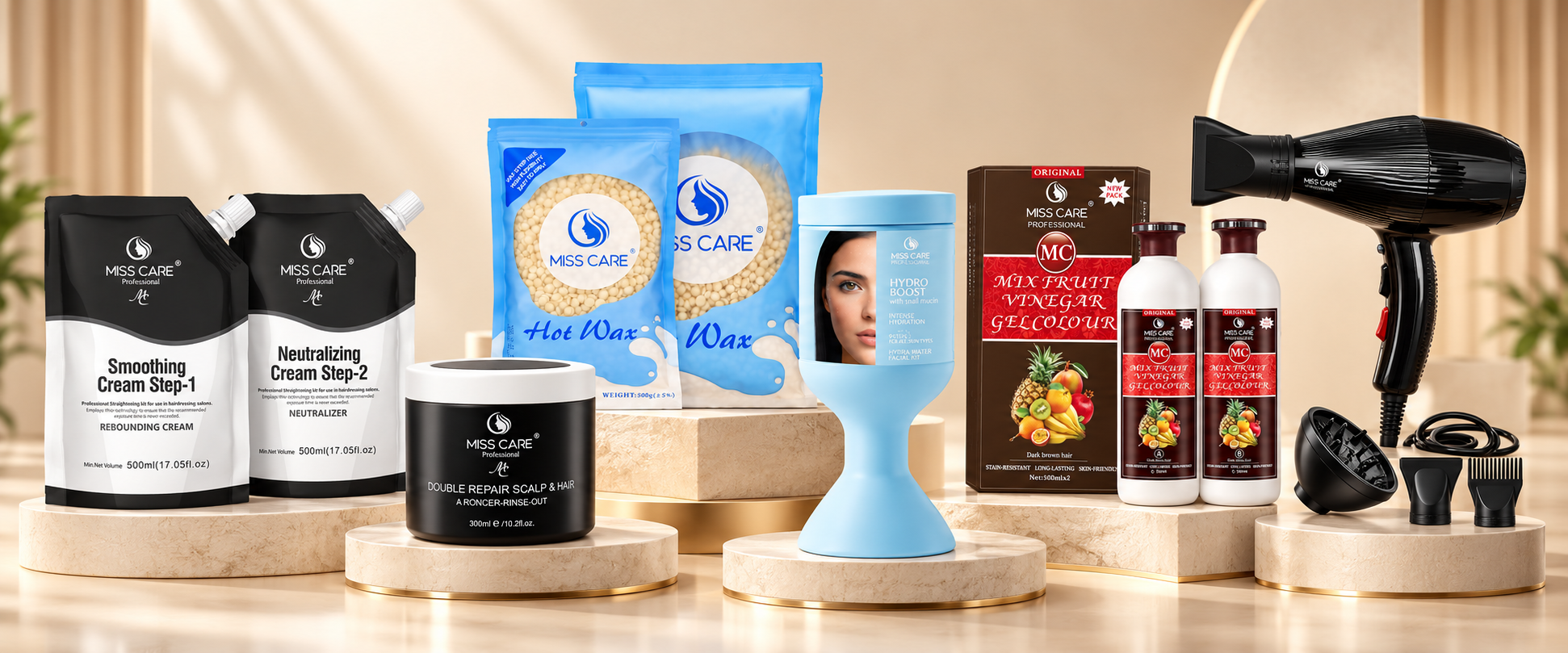 Miss Care smoothing cream, repair mask, hot wax, Hydro Boost facial kit, hair colour and hair dryer